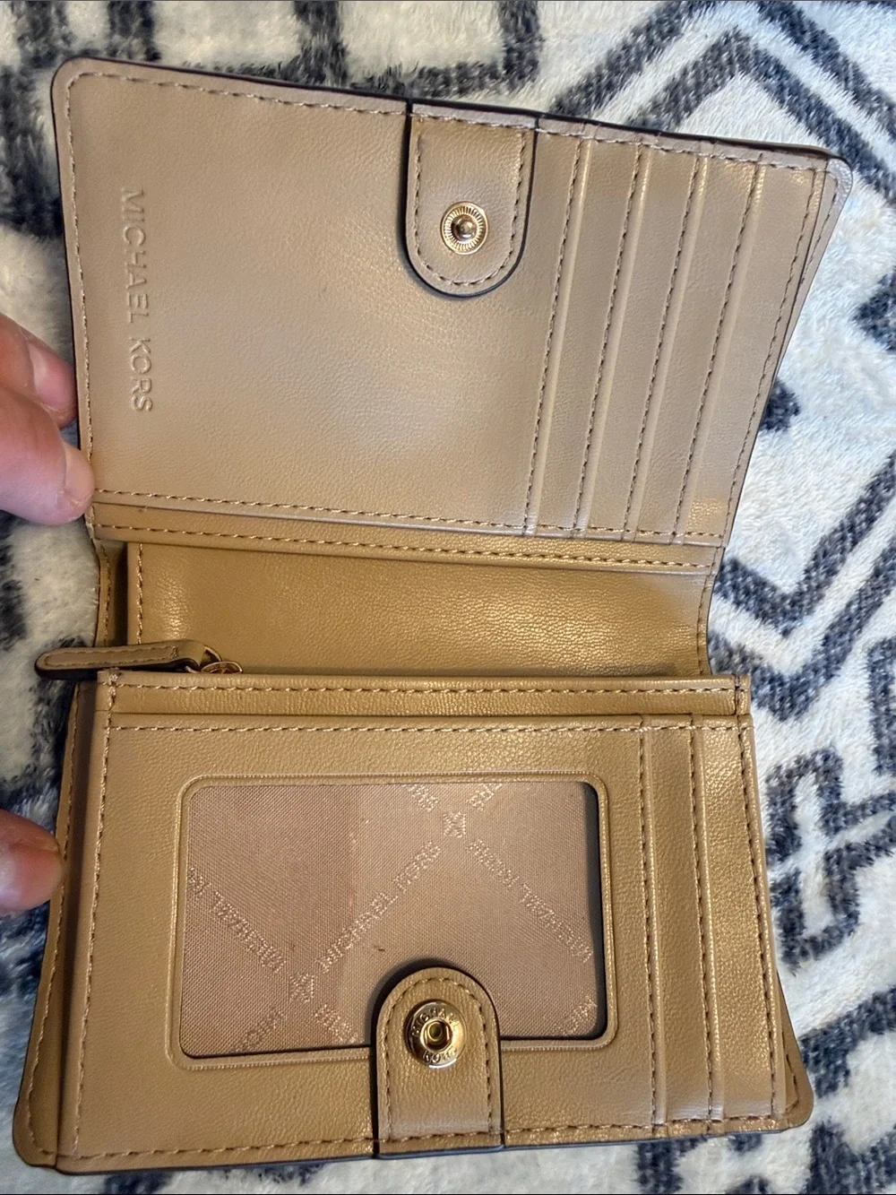 Michael Kors Quilted MK Logo Tan Card Holder with Gold Logo